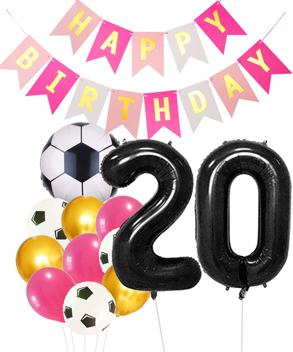 Cijfer Ballon 20 | Snoes Champions Voetbal Plus - Ballonnen Pakket | Roze en Zwart